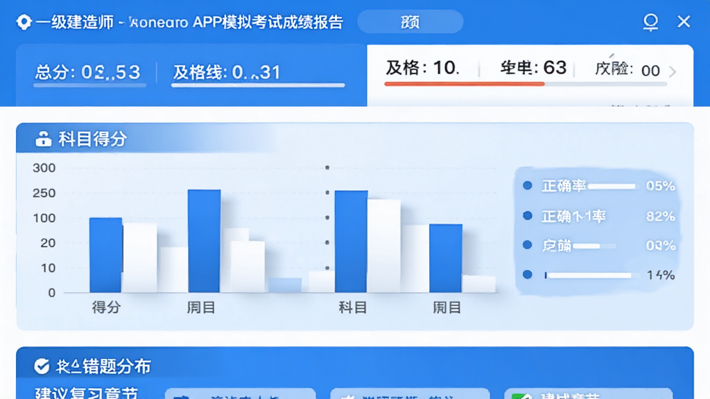 һ������ʦAPPģ�⿼�Գɼ�������棬����չʾһ������ʦAPP��ģ���ɼ�����ҳ�涥�����ֺܷͼ����߶Աȣ��м��Ǹ���Ŀ�÷���״ͼ����ȷ�ʰٷֱȣ��ײ��Ǵ���ֲ��ͽ��鸴ϰ�½ڣ�����������ɫ��ͼ������������ֱ�ۣ����רҵ��࣬���ʸɾ��޶���Ԫ��