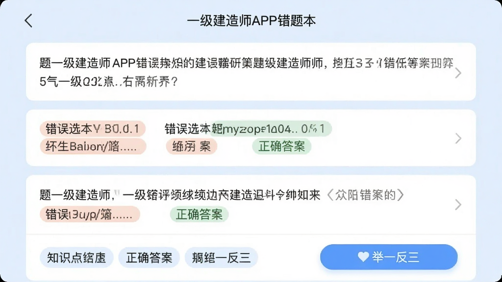 һ������ʦAPP���Ȿ���棬����չʾһ������ʦAPP�Ĵ����������ܣ�ҳ�������Ǵ����б���ÿ������ʾ��ɡ�����ѡ�����ȷ�𰸣��·���֪ʶ���ǩ�;�һ������ť��������ǳ��ɫ����Ƭʽ���֣��������������ɾ���ˬ�����ʸ����޶���Ԫ��