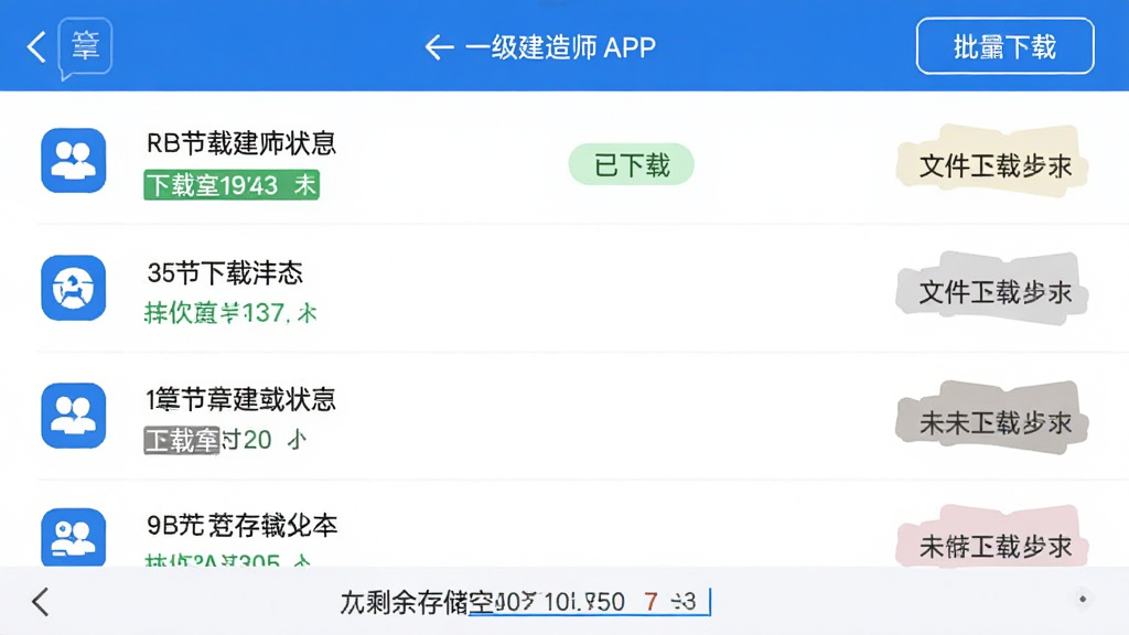 һ������ʦAPP�������ؽ��棬����չʾһ������ʦAPP��������ع���ҳ�棬ҳ������ʾ�����½ڵ�����״̬���ļ���С���������غ�δ���ص����ֱ�ǩ���������������ذ�ť���ײ���ʾ�ֻ�ʣ��洢�ռ䣬����������ɫ���б�����������ͼ���࣬���ɾ����䣬���ʸ����޶���Ԫ��