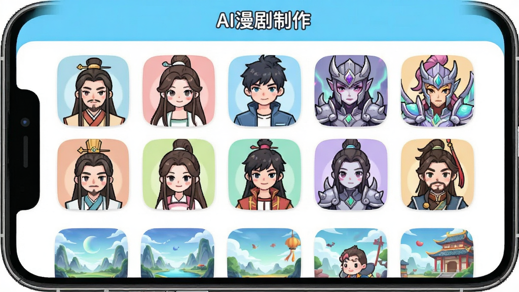 AI�������������Ľ�ɫ�볡��ѡ����棬�ֻ���Ļ��ʾ��AI����������Ӧ�����ƣ��м�������״�Ľ�ɫͷ���б����йŷ硢�ִ�����õȲ�ͬ����·��ǳ�������ͼ��������ɫ��ˬ��ͼ��Բ�󣬷��ͨ�ɰ������������ɾ����޶���Ԫ��