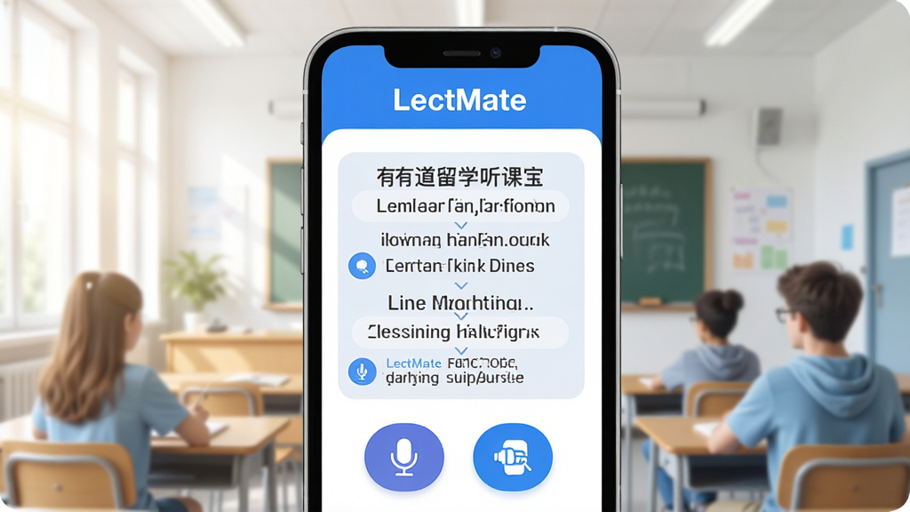 LectMate: �е���ѧ���α� �ֻ�App�����棬�����������Ľ��ҳ�������������չʾ�ֻ���Ļ����Ļ����ʾʵʱ��Ӣ˫����Ļ����Ч���������С�LectMate���������ײ���¼���ͷ��밴ťͼ�꣬���ּ���������Ű�������ɫ��Ϊ��������ִ���ƽ����ϸ��Բ�󣬻��ʸɾ��޶���Ԫ�أ����壬�޶�������