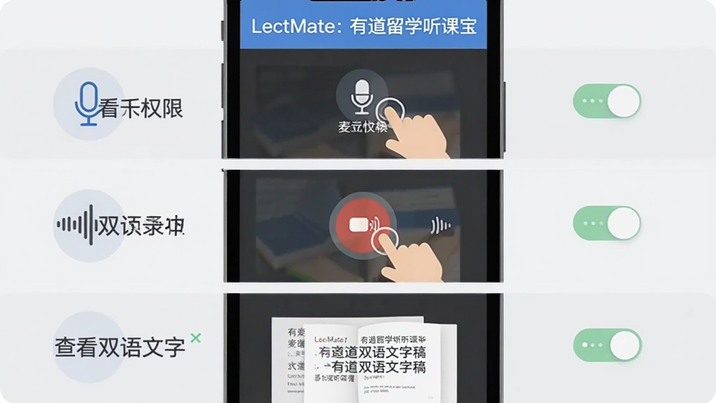 LectMate: �е���ѧ���α� ����ָ��ʾ��ͼ������չʾ�ֻ���Ļ��������������һ������˷�Ȩ�ޣ��ڶ������¼����ť���������鿴˫�����ָ壬������ǳ��ɫ�����ִ��ϵ������У��Ű�����������ƽ��ͼ����ƣ�ϸ������ָ���ͼ���Ȩ�޿���ͼ�꣬���ʸɾ��޶���Ԫ�أ�ͼƬ������Ϊ��LectMate: �е���ѧ���α���