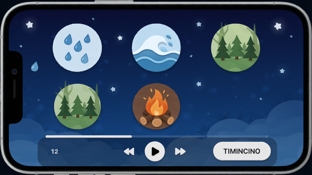 ˯�߰�����App������չʾ������������һ���ֻ�����Ļ��ʾ����ɫҹ�ձ�����������������Ρ����ˡ�ɭ�֡������Բ����Чͼ�꣬����ɾ��޹�浯�����ײ��в��ſ������Ͷ�ʱ����ť����������ܰ���ߣ�ϸ��Բ�󣬻��������ɾ����޶���Ԫ��