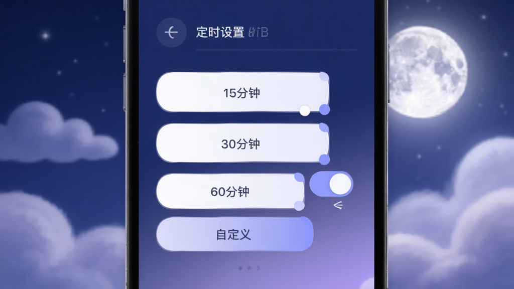 ˯�߰�����App����չʾͼ���������ֻ���Ļ��ʾ��ʱ���ý��棬��15���ӡ�30���ӡ�60���Ӻ��Զ��尴ť���Ա���һ�������رյĿ���ͼ�꣬��������͵��¹���ƶ䣬����ɫ��Ϊ������ǳ�ϣ�������ִ������ʸɾ��޶���Ԫ��