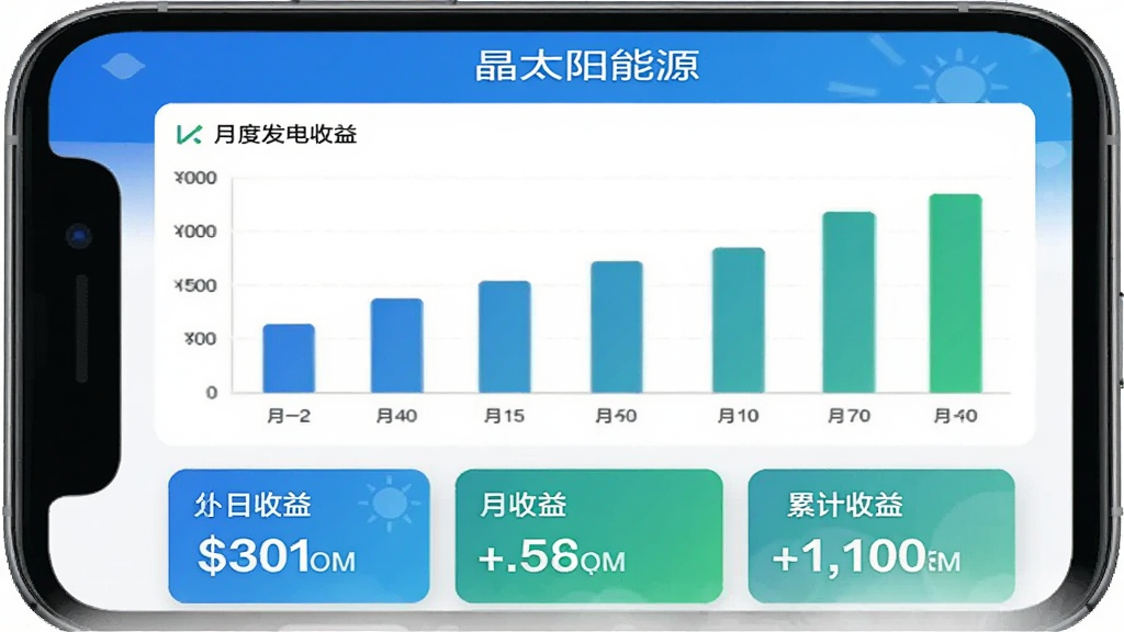 ��̫����Դ APP ��������ͳ��ҳ�棬�ֻ���Ļ����ʾ��״ͼչʾ�¶ȷ������棬�Ϸ��С���̫����Դ�����֣�ͼ���·��������桢�����桢�ۼ������������ݿ�Ƭ����ɫ����ɫ����ɫΪ���������ˬ��Լ�����ʸɾ��޶���Ԫ��