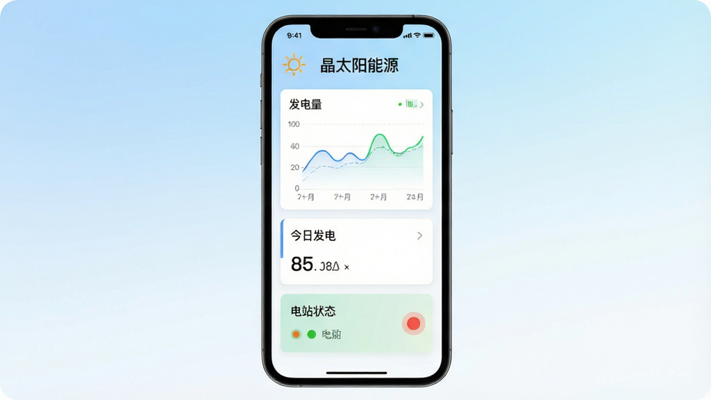 ��̫����Դ APP ������ȫòչʾ���ֻ���Ļ������ʾ�����վ����Ǳ��̣��Ϸ��С���̫����Դ�����ֱ�ʶ����Ļ�ڰ�������������ͼ�����շ������ݿ�Ƭ����վ״ָ̬ʾ�ƵȺ���Ԫ�أ�����Ϊǳ�����ɫ���䣬���岼�ּ������������ִ���ƽ�������ʸɾ��޶���Ԫ��