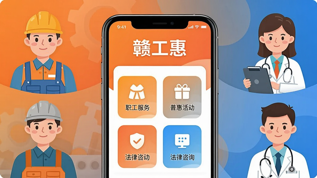 һ��չʾ���ӹ��ݡ�App����ȫò������ͼ�������������ֻ���Ļ����Ļ����ʾ�ӹ���App��ҳ���棬�����С��ӹ��ݡ������֣�ҳ�����ְ�������ջݻ��������ѯ��ͼ�꣬��������ů�ĳ���ɫ������Χ�����Ź��ˡ���ʦ��ҽ���Ȳ�ְͬҵ�Ŀ�ͨ�����������������������������޶���Ԫ��
