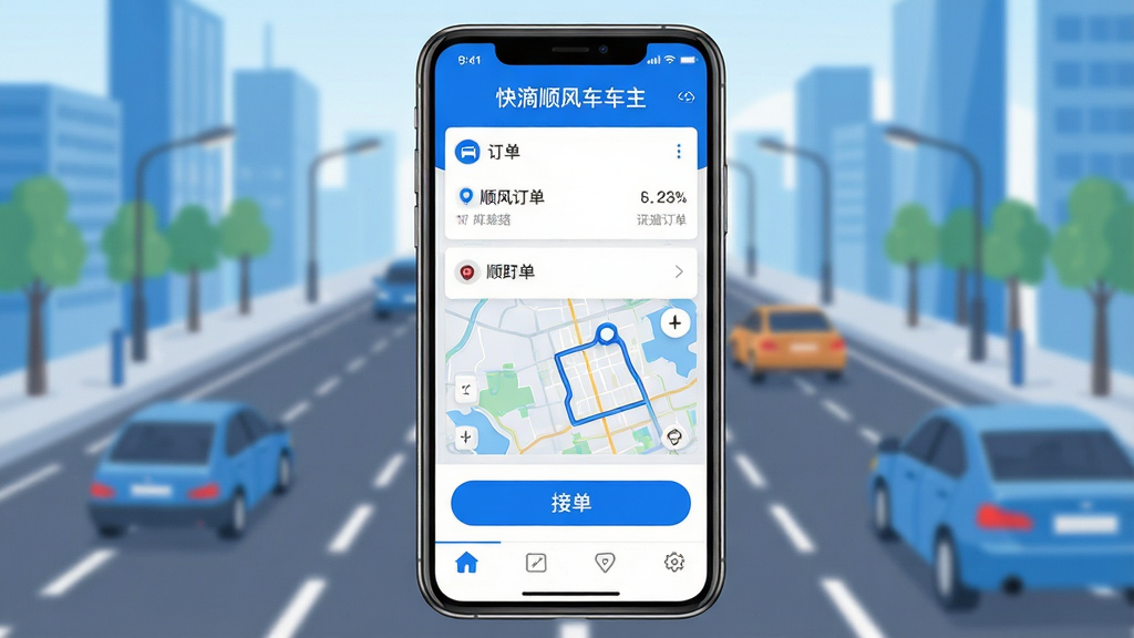 ���˳�糵����APP������չʾ���ֻ���Ļ���У�����������������ʾ�����˳�糵���������ֱ�ʶ���м���˳·�����б��͵�ͼ·��Ԥ�����ײ��нӵ���ť�͵���ͼ�꣬�����ǳ��е�·�복��������ִ���ƽ��������ɫ��ϸ�����������ʸɾ��޶���Ԫ��