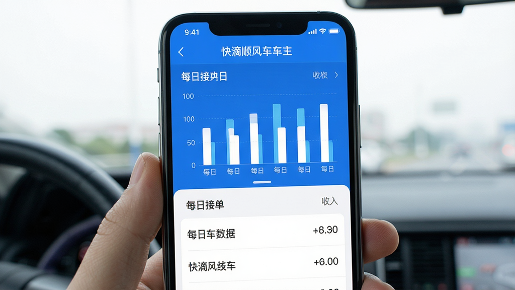 ���˳�糵����APP�г�ͳ��ҳ�棬�ֻ���Ļչʾ��״ͼ���б�����ʾÿ�սӵ��������������ƣ������С����˳�糵���������֣��������࣬������ݿ��ӻ���������ɫ�����������ɾ�