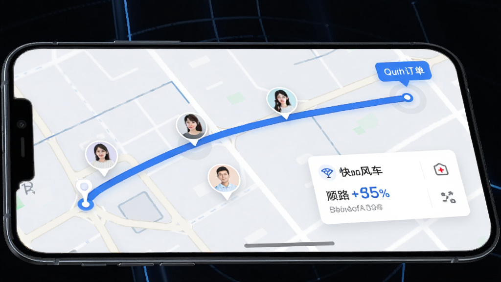 ���˳�糵����APP����ƥ�书��չʾ���ֻ���Ļ����ʾ��ͼ·�ߣ������յ�����ɫ�������ӣ���;�ж���˿�ͷ���ǣ�������Ƭ�ϱ�ע˳·�ٷֱȣ������࣬���Ƽ��У�������ɫ�������������ɾ�