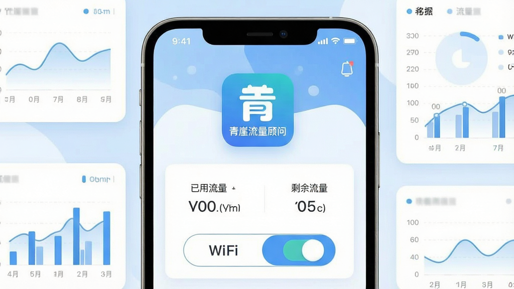 一张手机屏幕展示流量监控应用的界面截图,画面中央是“青崖流量顾问”的APP图标和主界面,主界面显示当日已用流量、剩余流量、WiFi与移动数据切换按钮,背景是柔和的蓝白色调,周围环绕着简洁的数据图表元素,整体风格现代扁平,画质干净清晰,无多余装饰元素