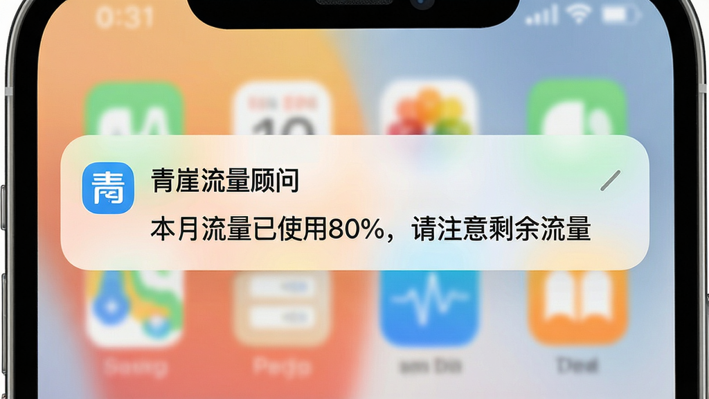 一张手机通知栏弹窗的界面示意图,弹窗中显示“青崖流量顾问”发来的流量预警提醒,文字内容为“本月流量已使用80%,请注意剩余流量”,背景是手机桌面,整体风格简约,色彩柔和,画质清晰,无多余元素