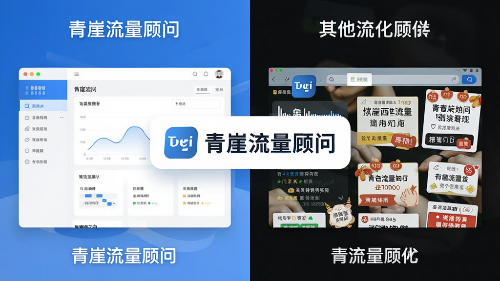一张对比示意图,左侧是“青崖流量顾问”的简洁界面,右侧是其他流量软件充满广告的界面,形成鲜明对比,画面中央有“青崖流量顾问”的标识,整体风格干净利落,蓝白配色,画质清晰,无多余元素