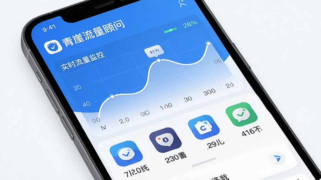 一张手机界面示意图,画面中“青崖流量顾问”应用正在展示实时流量监控曲线图,图表下方有多个应用图标排列,分别标注着各自的流量消耗数值,整体布局清晰,蓝白配色,风格简洁现代,画质干净无多余元素