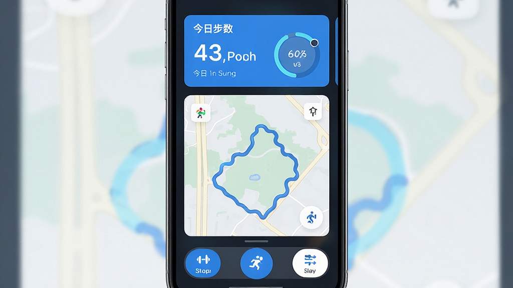悍德森运动健身运动记录软件主界面展示 主体是一个手机屏幕显示运动数据面板 布局为顶部今日步数卡片 中间运动轨迹地图 底部功能按钮 排版竖屏居中 风格现代简约运动风 细节包含蓝色主色调 圆形数据图表 简洁图标 画质高清干净无多余元素