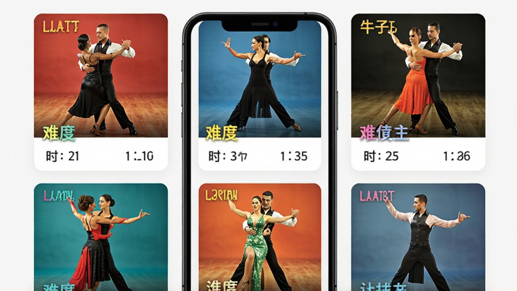 拉丁一百 舞蹈课程列表界面 手机屏幕显示多个拉丁舞课程封面 包括伦巴 恰恰 牛仔 桑巴等舞种 每个课程有难度标签和时长显示 界面排版整齐 卡片式设计 色彩明快 高清画质 无多余元素