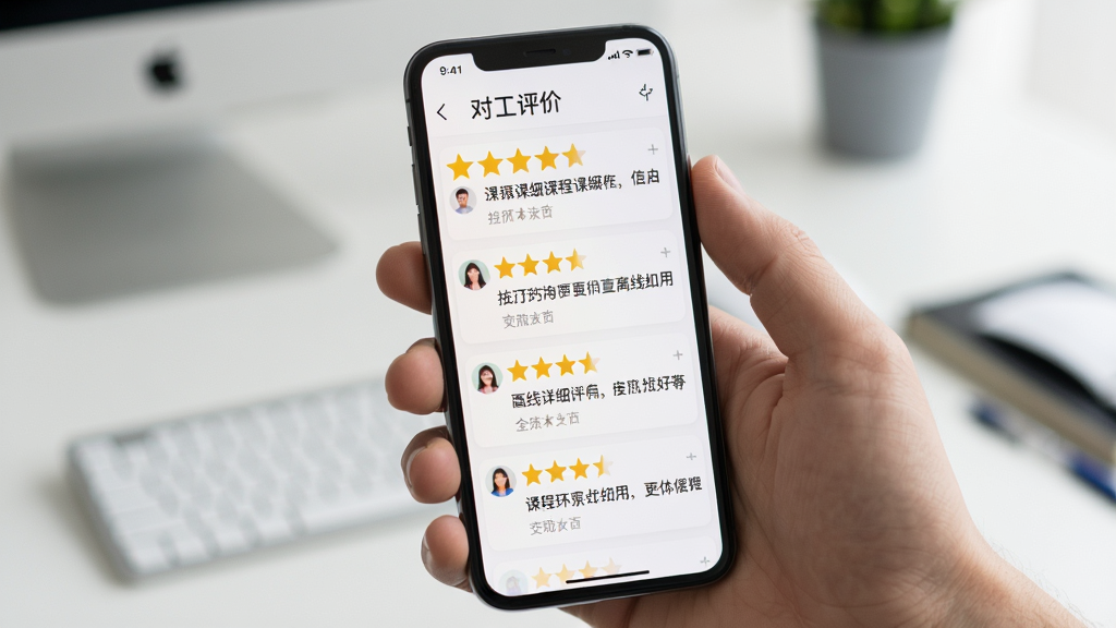 拉丁一百 用户对比评价 手机屏幕显示用户评论列表 多条五星好评 内容涉及课程详细 无广告 离线好用等 界面清爽 评分星级醒目 高清画质 无多余元素