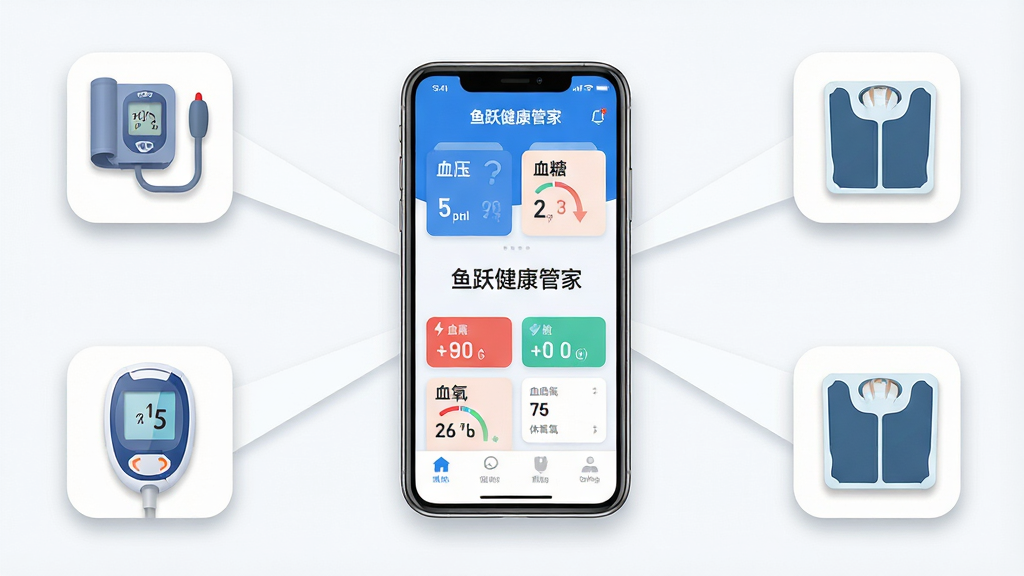 ��Ծ�����ܼ�App������ȫòչʾ������������һ�������ֻ�����Ļ��ʾ������ɫ�Ľ��������Ǳ��̣�����Ѫѹ��Ѫ�ǡ�Ѫ����ָ�꿨Ƭ��������������ע����Ծ�����ܼҡ���������Χ������Ѫѹ�ơ�Ѫ���ǡ���֬�ӵ������豸ͼ�꣬���ּ��Գƣ��Ű����ֻ�Ϊ���������ܷ�ɢ������ִ���ƽ����ϸ�����豸ͼ�������΢ͶӰ��Բ�ǣ����ʸɾ��������޶�������Ԫ��