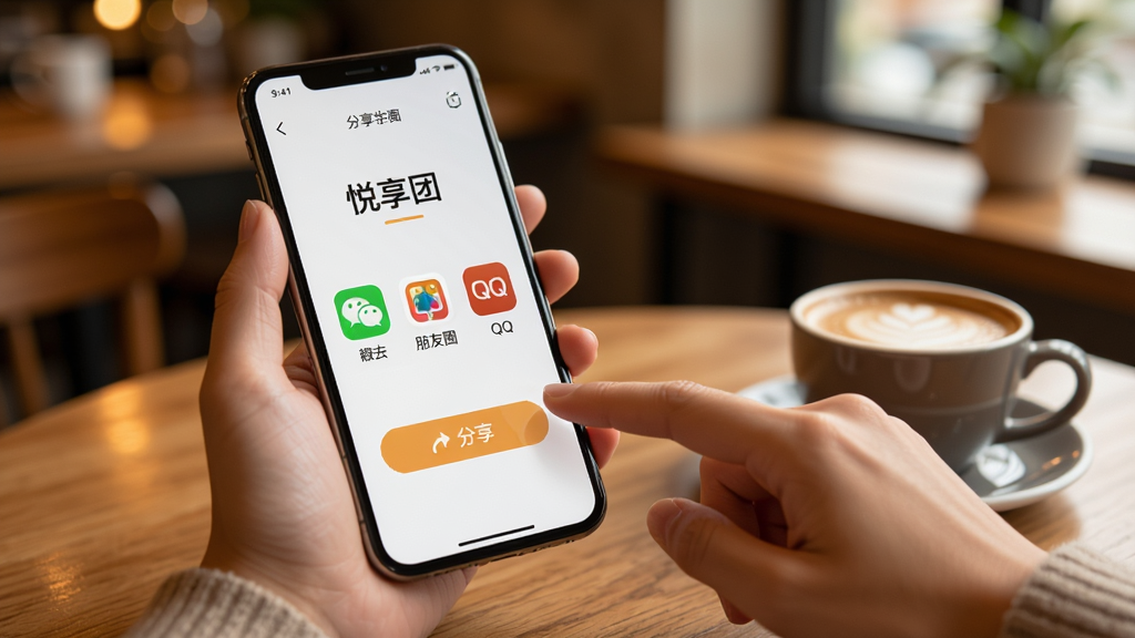AI生图,画面展示“悦享团”App的分享界面,一只手拿着手机,另一只手指向屏幕上的分享按钮,屏幕中显示微信、朋友圈、QQ等分享图标。背景是温馨的室内咖啡馆场景,桌上放着一杯咖啡。风格写实偏暖色调,布局突出手机屏幕内容,细节清晰,画质干净,无多余元素。