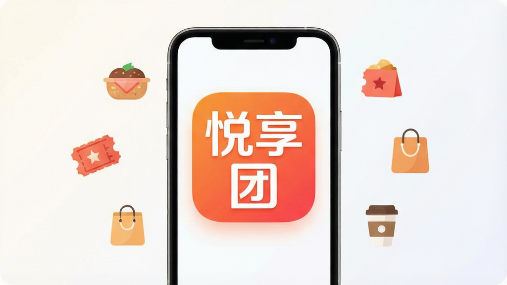 主视觉图,画面中央是一部智能手机,手机屏幕上显示着“悦享团”三个大字的App图标,图标采用橙红渐变配色,圆角矩形设计。手机周围环绕着美食、电影票、购物袋、咖啡杯等小图标,以扁平化风格呈现。背景为干净的浅色渐变,整体布局居中,风格现代简约,细节圆润,画质清晰,无多余元素。