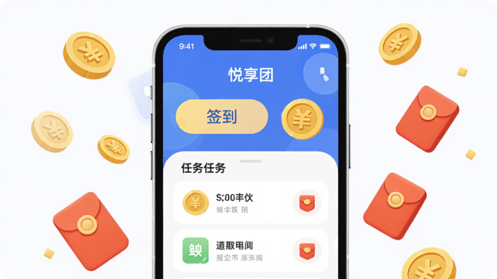 AI生图,画面展示“悦享团”App的任务中心页面,手机屏幕中显示签到按钮、金币图标和任务列表。周围漂浮着金币和红包的卡通元素,背景简洁。风格扁平化设计,布局居中,细节圆润,画质干净,无多余元素。