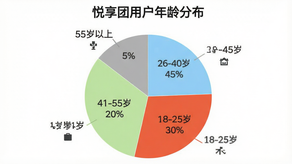 AI生图,画面展示一个饼状图,标题为“悦享团用户年龄分布”。饼图分为四块,分别标注“18-25岁 30%”、“26-40岁 45%”、“41-55岁 20%”、“55岁以上 5%”。图表颜色采用橙红、浅蓝、淡绿、灰色。背景干净,风格扁平化,布局居中,数据标签清晰,画质干净,无多余元素。