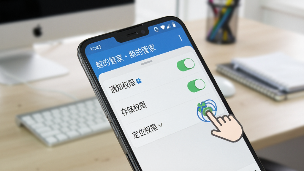 ����������һ����׿�ֻ���д����Ļ����ʾ�����Ĺܼҡ������ý��棬��֪ͨȨ�ޡ��洢Ȩ�ޡ���λȨ�޵Ŀ��ذ�ť���Ա�����ָ�����ͼ��ʾ�⣬������ģ���İ칫������������ˣ�ϸ�����������ʸɾ����޶���Ԫ�ء�