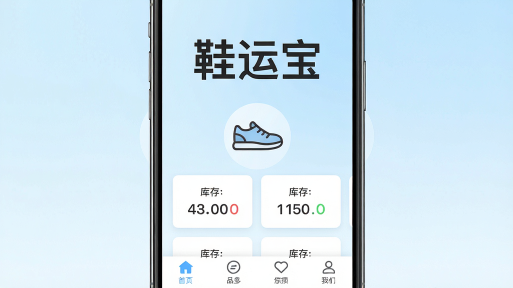 一张手机应用界面截图,画面中央是“鞋运宝”App的主界面,顶部显示“鞋运宝”三个大字,背景是淡蓝色渐变,中间有鞋子图标和库存数字卡片,底部是导航栏,风格简洁清新,画质干净,无多余元素