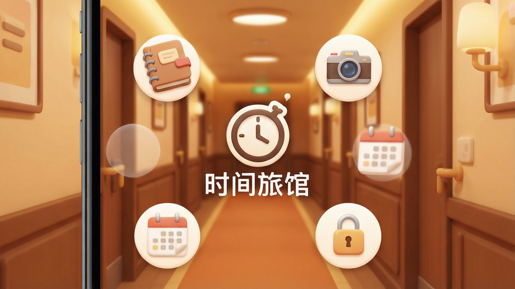 һ��չʾʱ���ù�App���Ľ�����ֻ���Ļ��ͼ������������ʱ���ùݵ�Logo�����ơ�ʱ���ùݡ�����Χ�������ռǱ������������������ͼ���Ԫ�أ�������ůɫ�����ù����ȷ���Ű��������������ܰ������ϸ��Բ����ͣ����ʸɾ��޶���Ԫ��