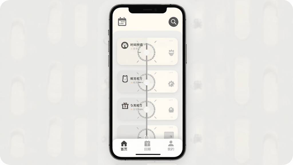 ʱ���ù�App����������Ƽ�࣬���װ׺�ǳ��Ϊ��ɫ�����ײ���ʾ��ҳ���عˡ��ҵ�����ѡ����м���ʱ���ῨƬ�������������ں�����ͼ�꣬���岼�����������ֱ�ǩ��ȷ������ִ���ƽ��ϸ��Բ�󣬻��ʸɾ��޶���Ԫ��
