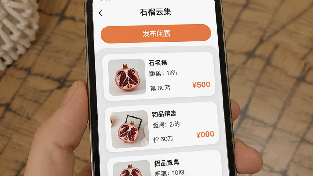 һ��չʾ�ֻ���Ļ��ͼƬ����Ļ���ǡ�ʯ���Ƽ���App�������û�ҳ�棬�Ϸ��С��������á���ť���·�����Ʒ�б���Ƭ��ÿ�ſ�Ƭ������Ʒ��Ƭ�����ơ�����ͼ۸񣬿�ƬԲ����ƣ�����Ϊǳ��ɫ����������ܰ���У����ʸɾ����޶���Ԫ��