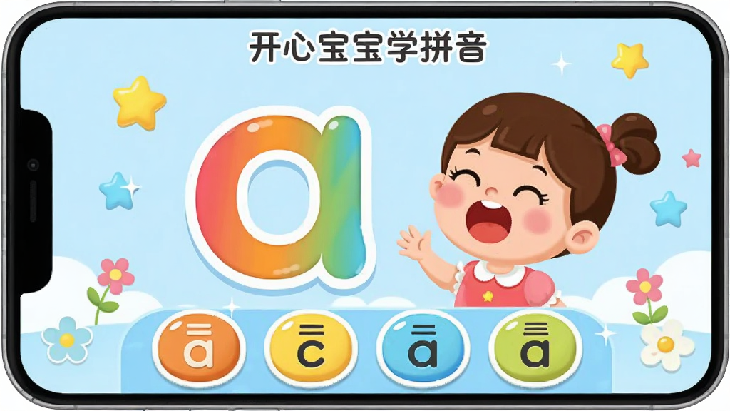 ����չʾ�����ı���ѧƴ����Ӧ����ҳ����Ļ������һ���޴�Ĳ�ɫƴ����ĸ��a������ĸ�Ա���һ���ſ���ͳ���Ŀ�ͨСŮ�������·����ĸ������İ�ť����Ļ��������͵�ǳ��ɫ����Χ��׺�����Ǻ�С����������Ϊ��ͯ�廭�磬ɫ���������������������ʸɾ����޶���Ԫ��