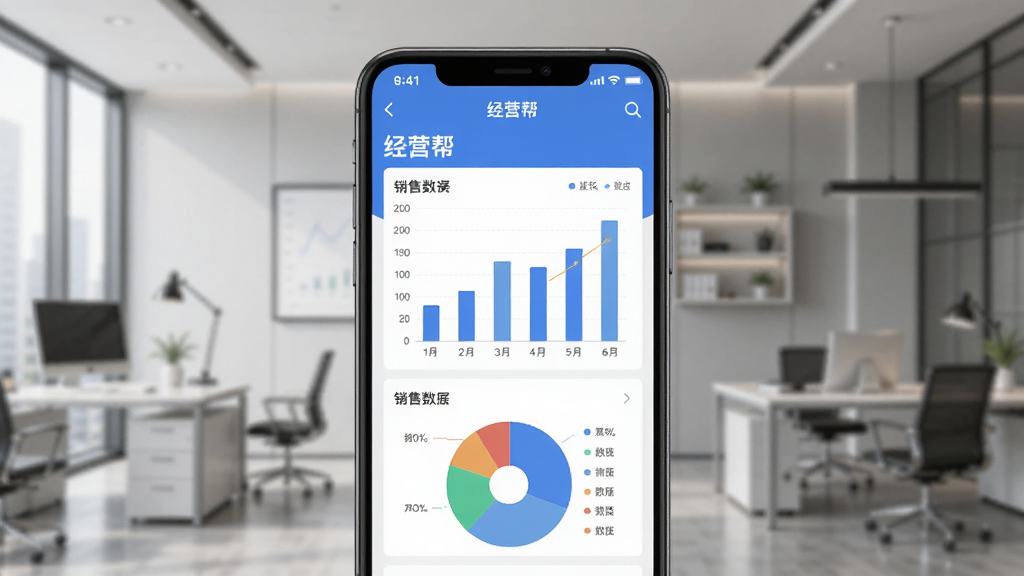 һ�š���Ӫ�App��Ӫ���������ʾ��ͼ�������������ֻ���Ļ����Ļ����ʾ����Ӫ���ͼ��ҳ�棬����״ͼ�ͱ�ͼչʾ�������ݣ������Ǽ�Լ�İ칫����������ִ����񣬻��ʸɾ��޶���Ԫ��