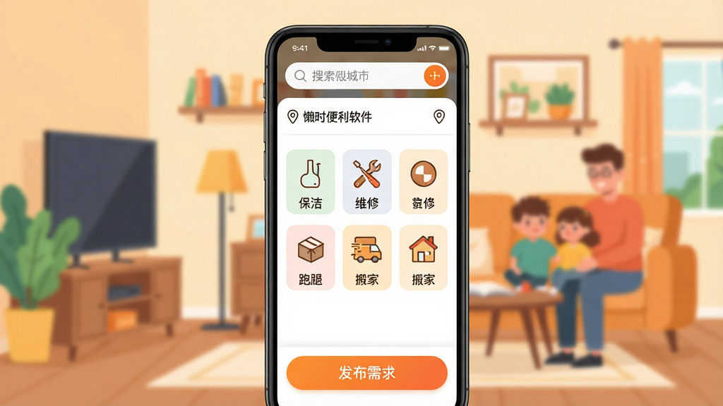 一张展示懒时便利软件核心全貌的图片,画面中央是手机屏幕,屏幕里显示懒时便利的首页界面,顶部有搜索框和城市定位,中间是各种生活服务图标如保洁、维修、跑腿、搬家等,底部是醒目的发布需求按钮,背景是温馨的社区家庭场景,风格现代扁平,色彩明亮温暖,画质清晰干净无多余元素