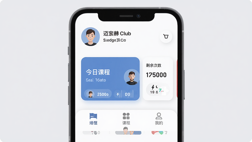 ������Club �ֻ�Ӧ��������չʾ������������һ�������ֻ�����Ļ����ʾ��������ԤԼҳ�棬�������û�ͷ��ͻ�Ա�ȼ����м��ǽ��տγ̿�Ƭ��ʣ��������ײ�Ϊ���ݡ��γ̡��ҵ�����ѡ�������Ϊǳ��ɫ������ִ���ƽ��ϸ��Բ�󣬻��ʸɾ������޶���Ԫ��
