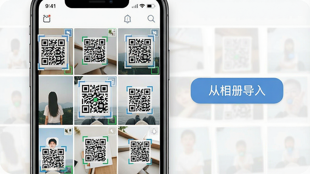 һ��չʾ��ά��������ʶ��������ᵼ�빦�ܵ�ͼƬ���������ֻ���Ļ��ʾ������ж��Ŵ���ά���ͼƬ�������Զ��÷����ע��ÿ��ͼ��Ķ�ά��λ�ã��Ա��С�����ᵼ�롱���ְ�ť���������ֻ����������ͼ��������ִ������������ɾ����޶���Ԫ��