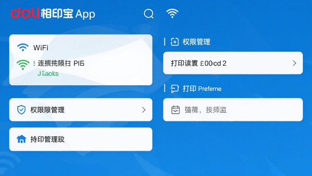 ������ӡ��App���ý��棬��ʾWiFi����״̬��Ȩ�޹���ѡ��ʹ�ӡƫ�����ã����沼����������ɫΪ��ɫ�������ʸɾ��޶���Ԫ��