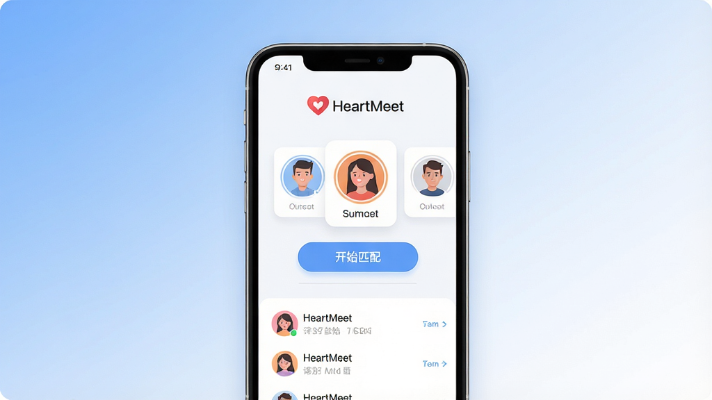 һ��չʾ HeartMeet ��������ȫò����ͼ������Ϊһ���ִ������ֻ�����Ļ������ʾ HeartMeet ������ƥ����棬���ּ�����죬�Ϸ��� HeartMeet �� Logo �����ƣ��м����û�ͷ��Ƭ�͡���ʼƥ�䡱��ť���·�����Ϣ�б��������Ű��������������ִ���ƽ����ƣ�ϸ��Բ�󣬻��ʸɾ��޶���Ԫ�أ�����Ϊ��͵����׽��䡣