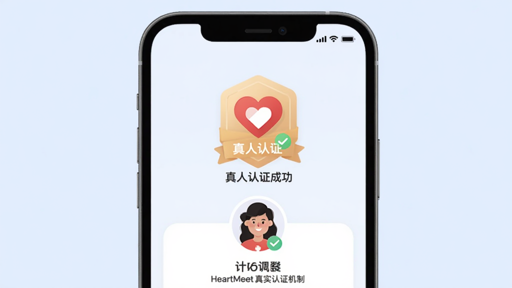 һ��չʾ HeartMeet ��ʵ��֤���Ƶ���ͼ������Ϊ�ֻ���Ļ����Ļ����ʾ HeartMeet �ġ�������֤�����º��û�ͷ�񣬲���Ϊ����չʾ��֤�ɹ����棬�Ű�ͻ����֤��ʶ���û�ͷ�񣬷������ִ���ƽ����ƣ�ϸ��Բ�󣬻��ʸɾ��޶���Ԫ�أ�����Ϊǳ��ɫ��