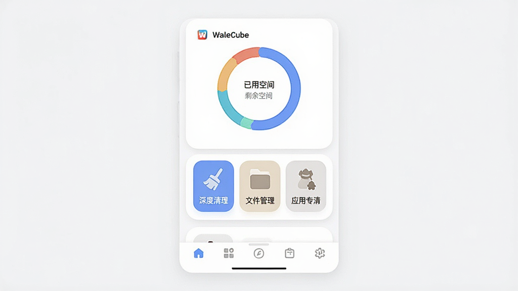 WalleCube �ֻ��洢��������������չʾ������Ϊһ�����İ�ɫ��Ƭʽ��ƽ��棬���ַ�Ϊ���½ṹ�������Ǵ洢�ռ价��ͼ����ʾ���ú�ʣ��ռ䣬�м��Ǽ���������ڰ�ť�硰��������������ļ�����������Ӧ��ר�塱���ײ��ǵ��������Ű����룬����ִ���ƽ����ϸ��Բ�󣬻��ʸɾ��������޶���Ԫ�ء�