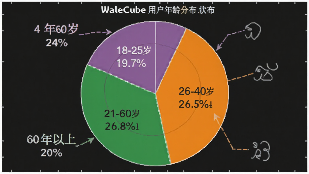 WalleCube �û�����ֲ���״ͼ������Ϊһ����״ͼͼ��������ΪԲ�ηָ���ĸ��������Ű��ע�������ռ�ȣ�������ݿ��ӻ���ϸ�ڰ���18-25�ꡢ26-40�ꡢ41-60�ꡢ60�������ĸ���ǩ�Ͷ�Ӧ�ٷֱȣ����ʸɾ����޶���Ԫ�ء�