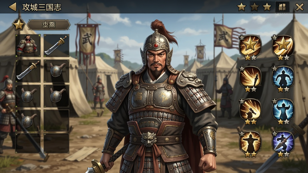 攻城三国志武将养成界面,画面中央是一位身穿铠甲的三国武将,周围环绕着装备栏、技能图标和星级显示,背景是古代军营帐篷,风格写实,画质清晰,无多余元素