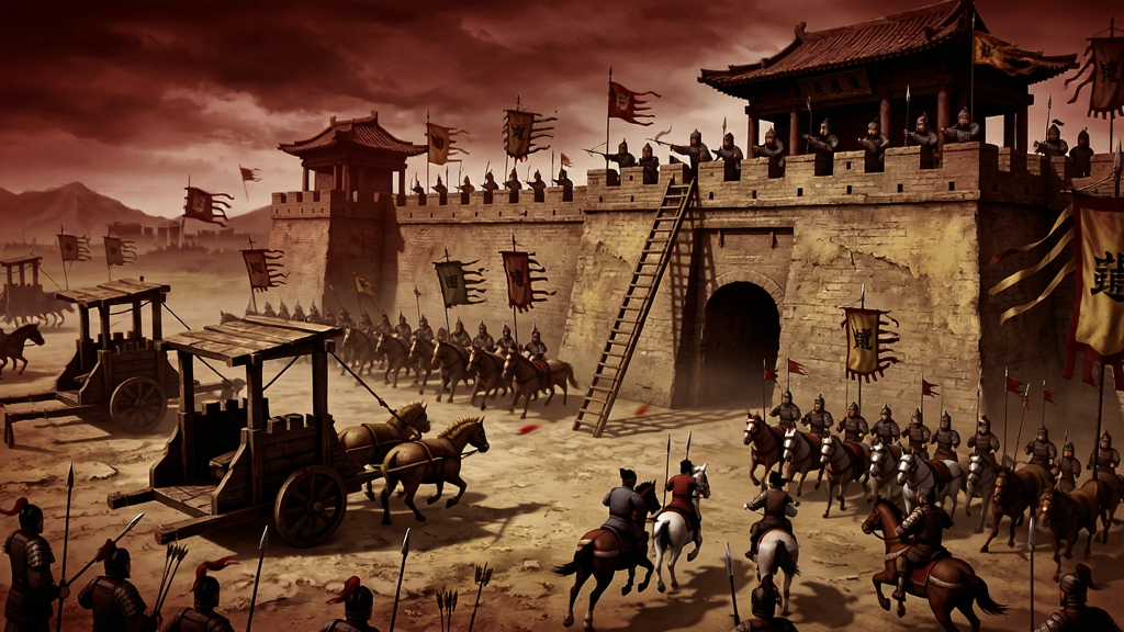 攻城三国志联盟攻城战场景,画面展示大规模军队在城池外交战,有攻城车、云梯和骑兵冲锋,城墙上有守军放箭,画面风格为写实战争场景,色彩偏暗红和土黄,画质清晰,无多余元素