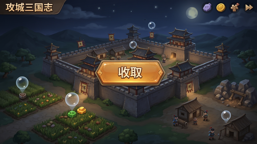 攻城三国志游戏挂机收益界面,画面展示一个古代城池在夜间安静运转,农田和矿场上有资源气泡冒出,画面中央有一个醒目的收取按钮,风格温馨写实,画质干净,无多余元素