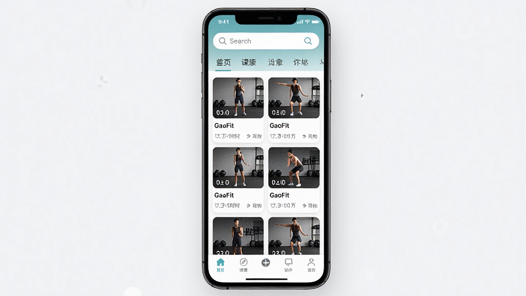 һ��չʾGaoFit���������������ͼƬ���������ֻ���Ļ��ʾ�����γ��б�������Ϊ�����������ͷ����ǩ���м��ǿγ̿�Ƭ���񣬵ײ��ǵ��������Ű������в�Σ�����ִ���Լ�˶��磬ϸ���Ͽγ̿�Ƭ���ж�������ͼ��ʱ����ע�����ʸ���ɾ��޶���Ԫ�أ�ͼƬ������Ϊ