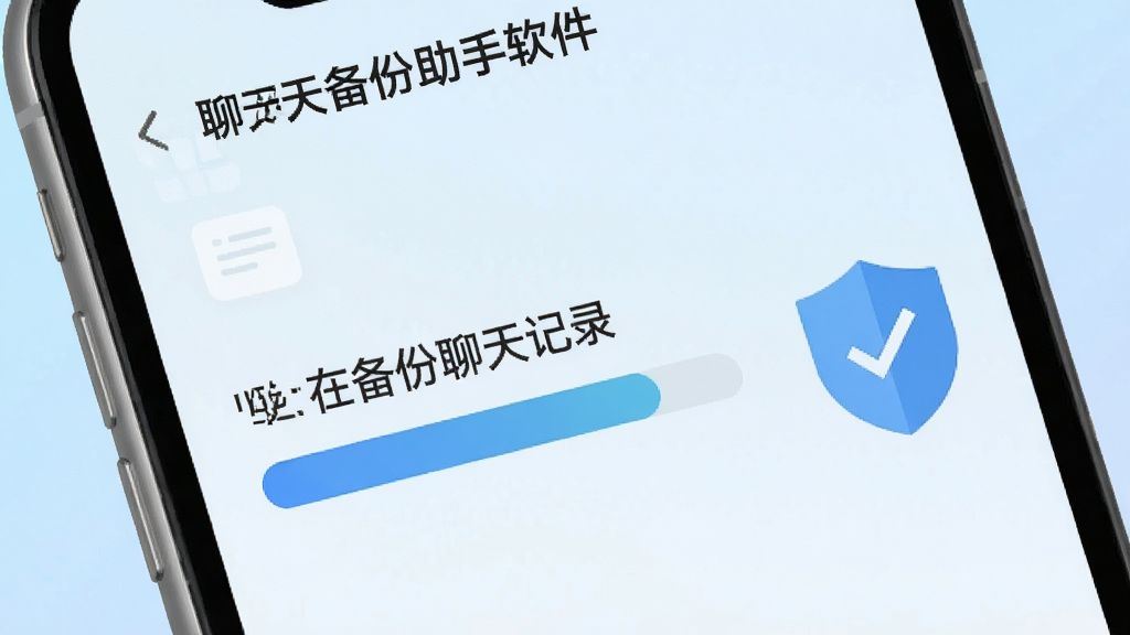 画面主体是一个手机屏幕特写,屏幕上显示“聊天备份助手软件”正在进行备份的进度条,进度条上方有“正在备份聊天记录”的文字,画面右侧有一个盾牌图标代表安全,背景是淡蓝色渐变,风格扁平化,画质清晰干净无多余元素。