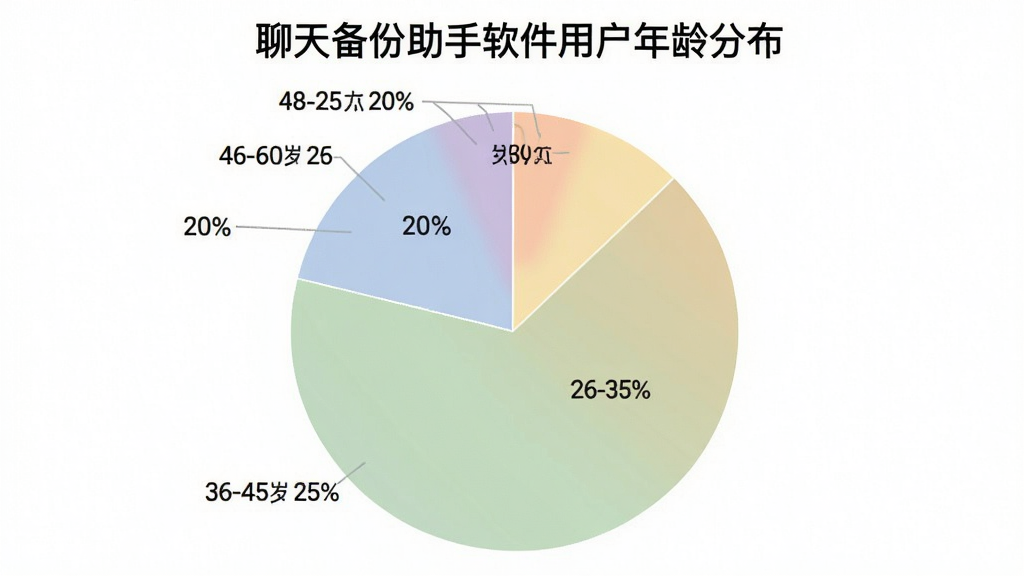 一张饼状图,标题为“聊天备份助手软件用户年龄分布”,图表显示18-25岁占比20%,26-35岁占比35%,36-45岁占比25%,46-60岁占比20%,配色柔和,图表清晰,背景干净,画质无多余元素。