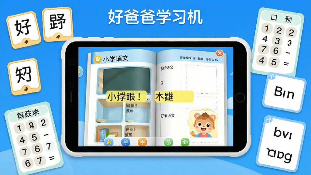 �ðְ�ѧϰ��App������չʾ�����������Ǵ򿪵�Сѧ���Ŀα����ҳ�棬�α����и��������ľ��ӣ���Ļ�Ϸ���ʾ�������ơ��ðְ�ѧϰ��������Χ���������ֿ�Ƭ����ѧ�����⡢Ӣ�ﵥ�ʿ���ѧϰԪ�أ����岼������������ɫ��Ϊ����������¼�࣬���ʸɾ����޶���Ԫ��