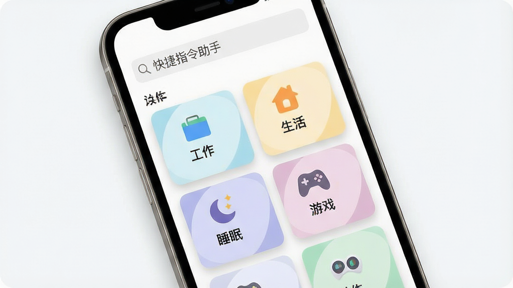一张展示“快捷指令助手”模板库界面的图片。主体是手机屏幕,屏幕上显示分类清晰的模板卡片,分类标签有“工作”、“生活”、“睡眠”、“游戏”等。排版为网格状,每个卡片上有一个图标和简短文字说明。风格为清新简约风,色彩柔和。细节上,卡片有轻微的阴影效果,顶部有搜索框,界面文字“快捷指令助手”清晰可见。画质干净,无多余元素。