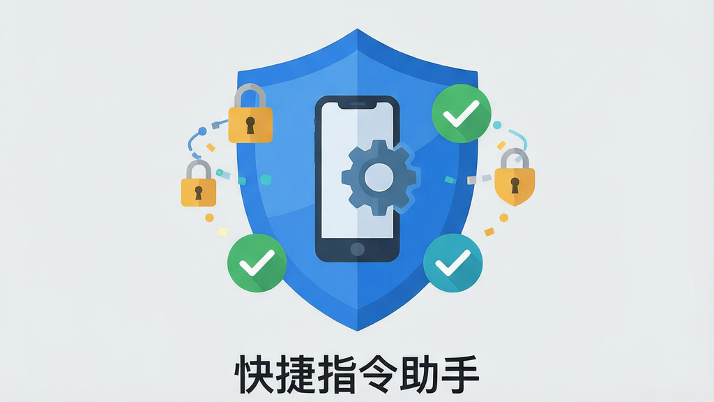 一张展示“快捷指令助手”隐私安全概念的图片。主体是一个盾牌形状的图标,盾牌中间有一个手机和齿轮的图案,周围环绕着锁、勾选标记等安全符号。排版居中,风格为扁平化安全主题。细节上,盾牌为蓝色,背景为浅灰色,下方有“快捷指令助手”的文字标识。画质干净,无多余元素。
